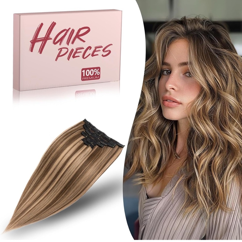 Human hair extensions 14” Light BrownClip in